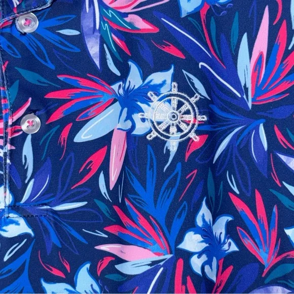 Scales Polo Shirt Mens M Blue Pink Floral Performance Stretch Golf Activewear - Picture 4 of 12